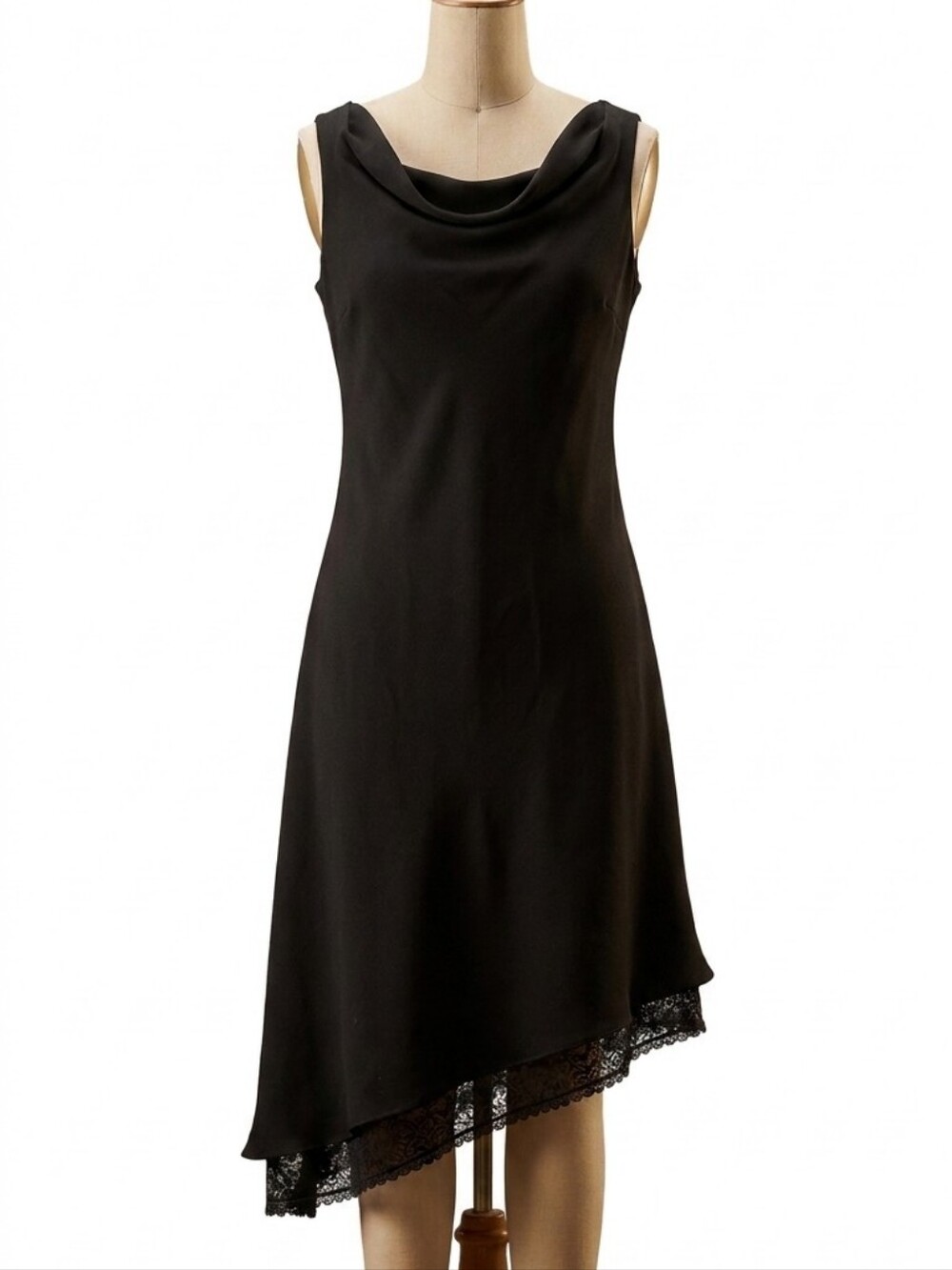 Vintage 90s Jolibel Cowl Neck Black Midi Dress Lace Hem Size 12 Made in Canada